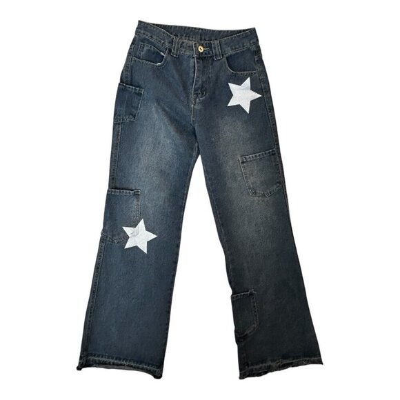 Star Y2K Theme Wide Leg men's Blue Jeans Size ~26 Gives Muriel's Wedding Vibes - Picture 2 of 9